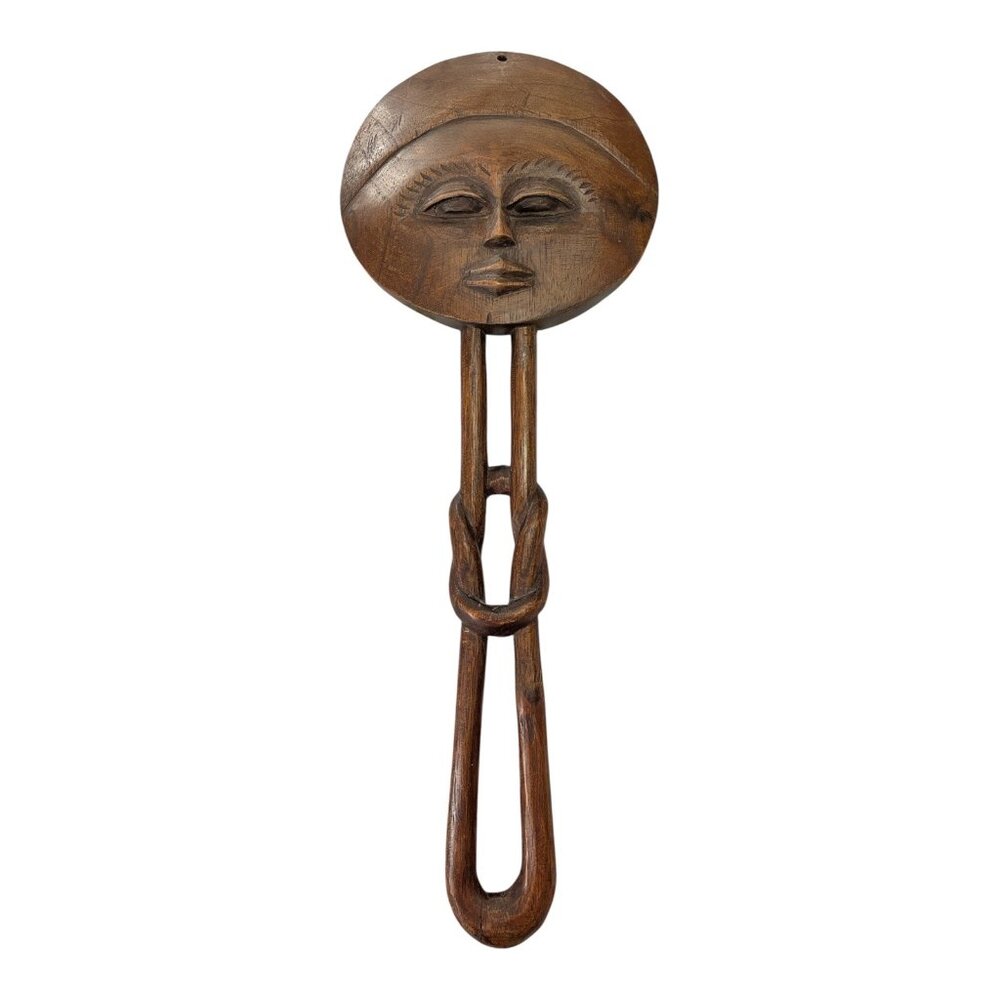 Vintage Hand-Carved Wooden Wall Hanging – African-Inspired Face with One-Piece C
